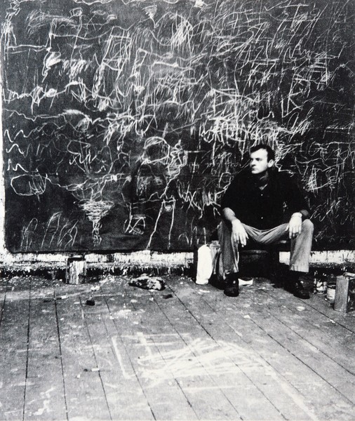 Cy Twombly sitting in front of the unfinished "Panorama"